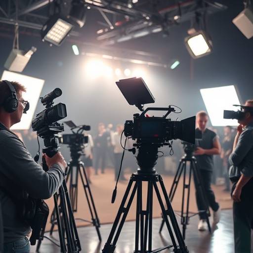 Image d'un plateau de tournage avec des caméras et une équipe en action.