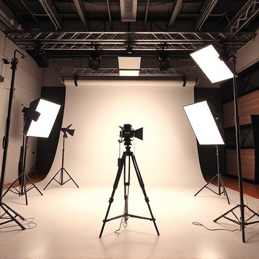 Photographe professionnel prenant des photos dans un studio moderne avec des lumières et des accessoires.